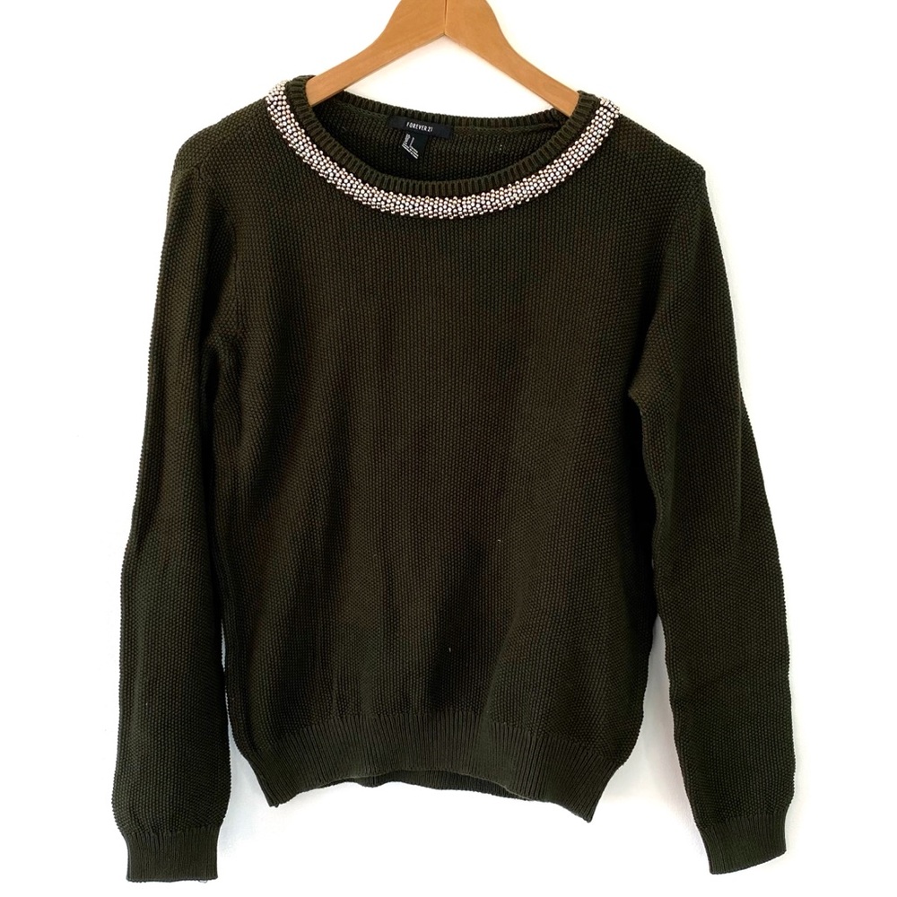Dark Green Forever 21 Beaded Sweater